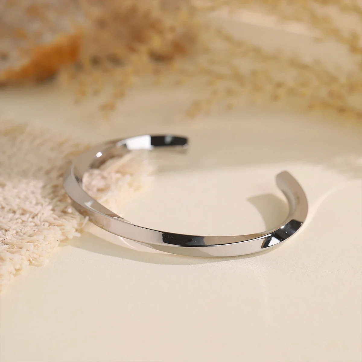 Open Cuff Bangle with Faceted Flat Band, Stainless Steel