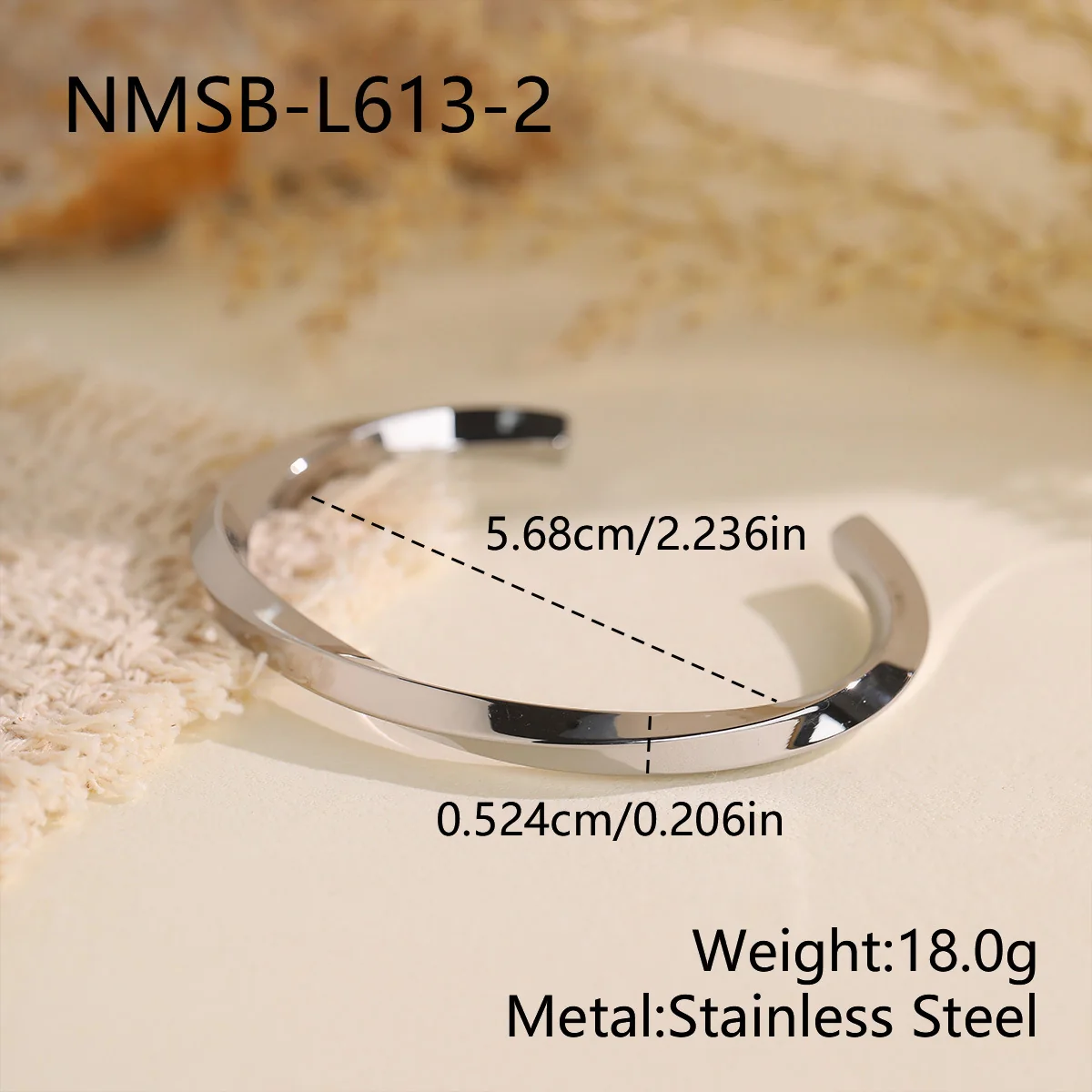 Open Cuff Bangle with Faceted Flat Band, Stainless Steel - Dimensions