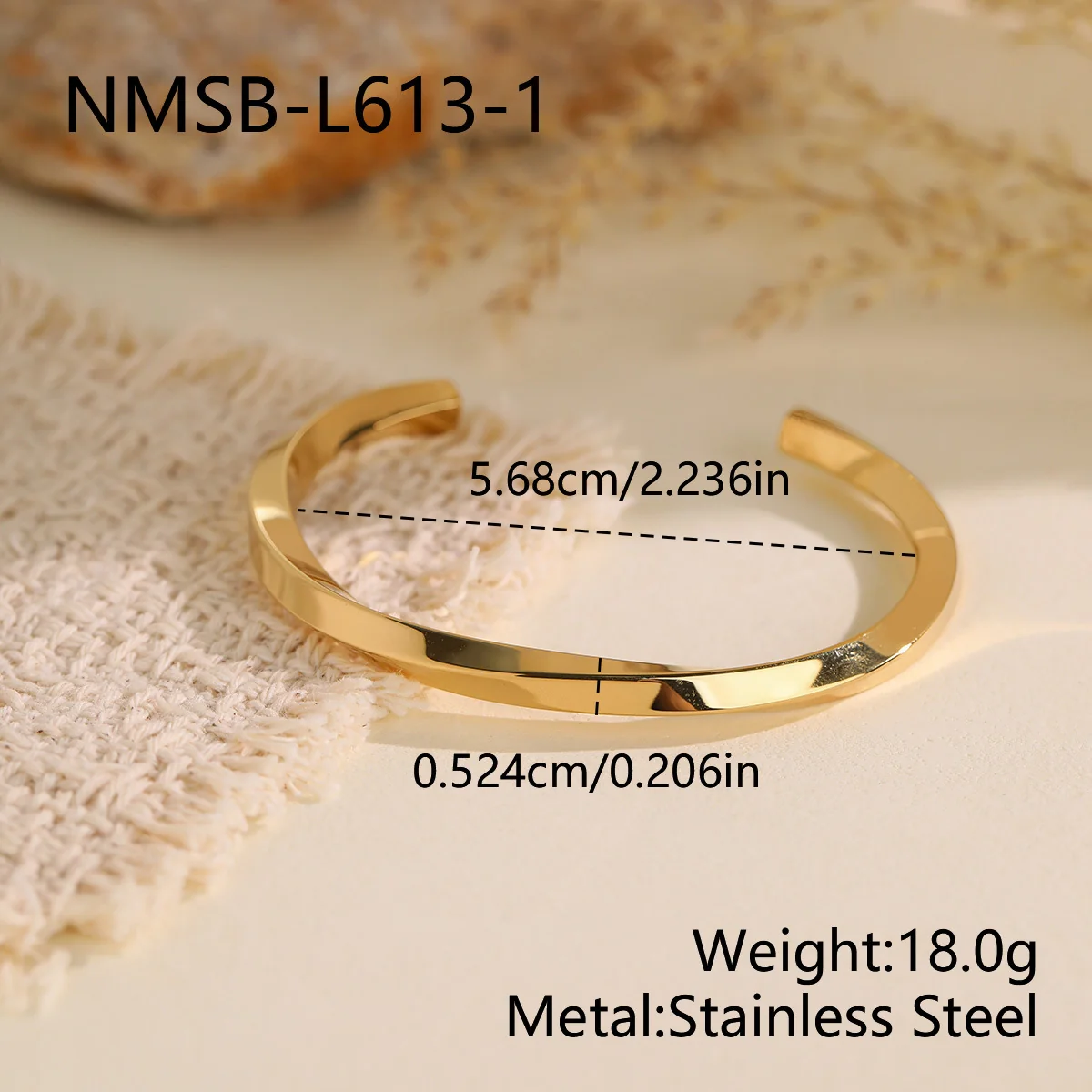 Open Cuff Bangle with Faceted Flat Band, Stainless Steel - Dimensions