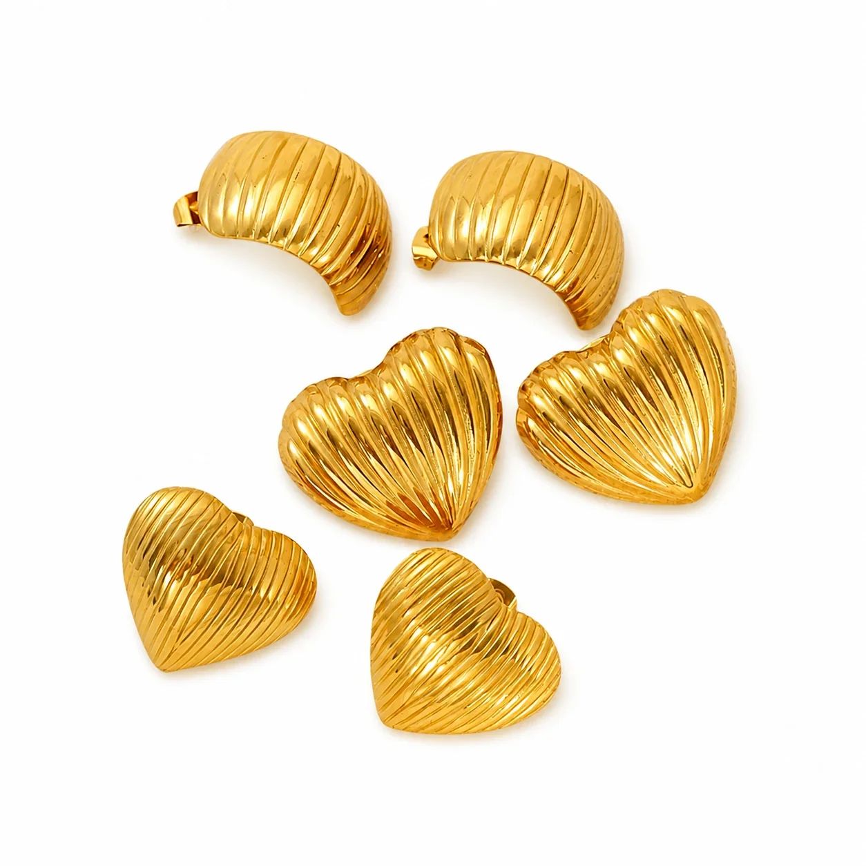 Sculptural Gold-Plated Ribbed Heart Stud Earrings