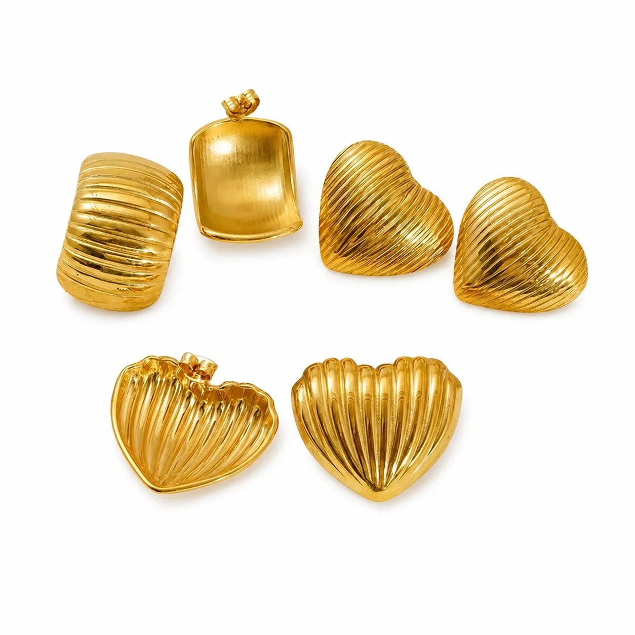 Sculptural Gold-Plated Ribbed Heart Stud Earrings