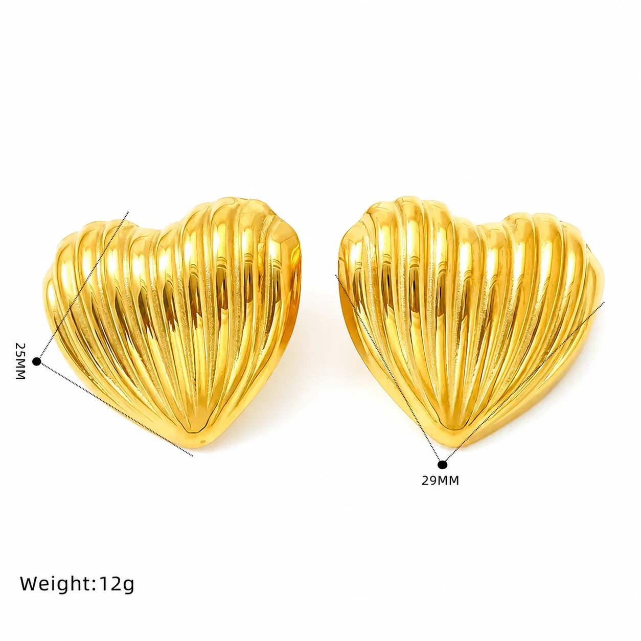 Sculptural Gold-Plated Ribbed Heart Stud Earrings
