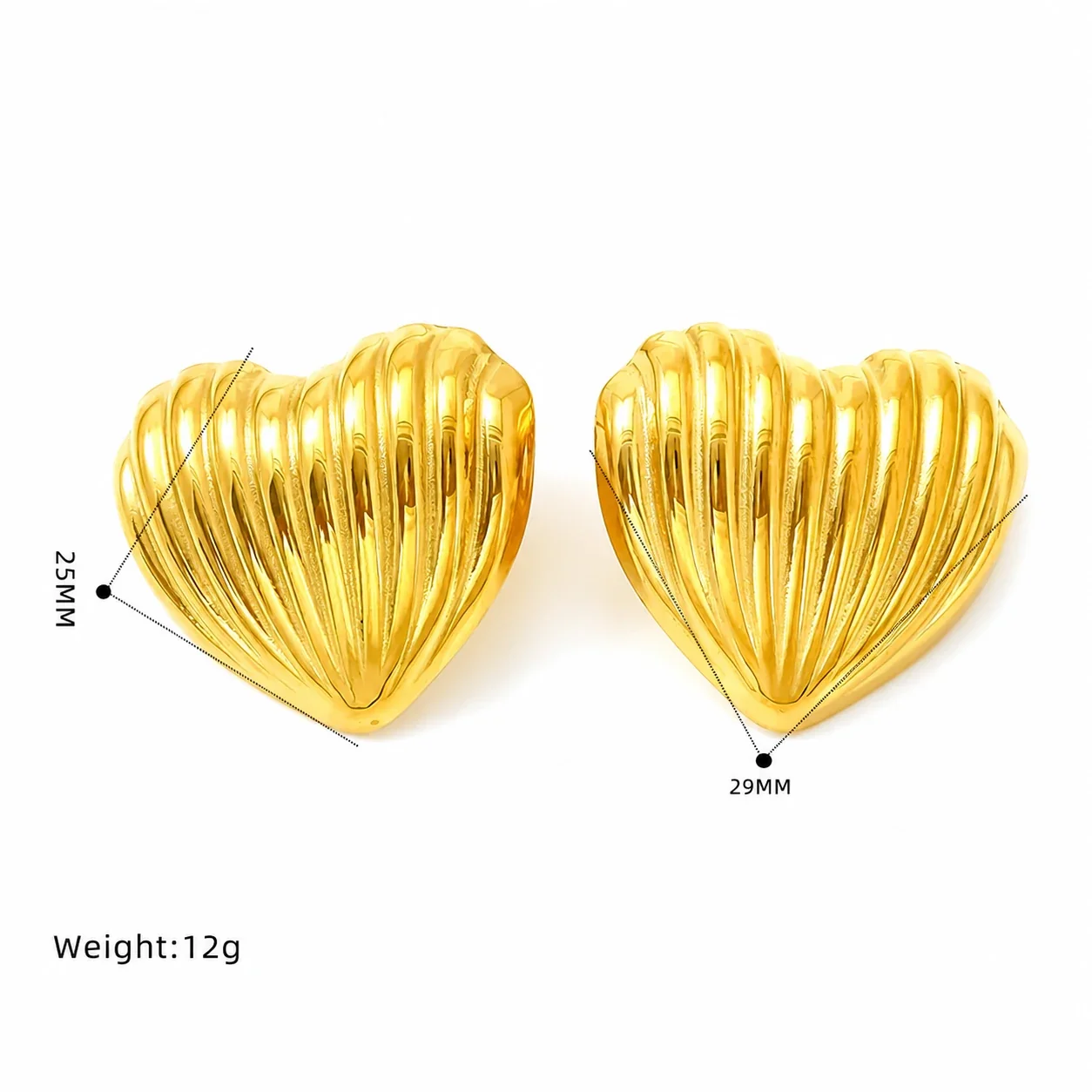 Sculptural Gold-Plated Ribbed Heart Stud Earrings - Gold