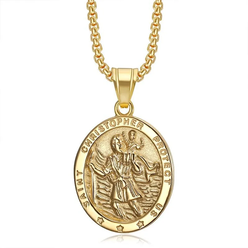 Saint Christopher Medal Gold-Plated Oval Cross Necklace