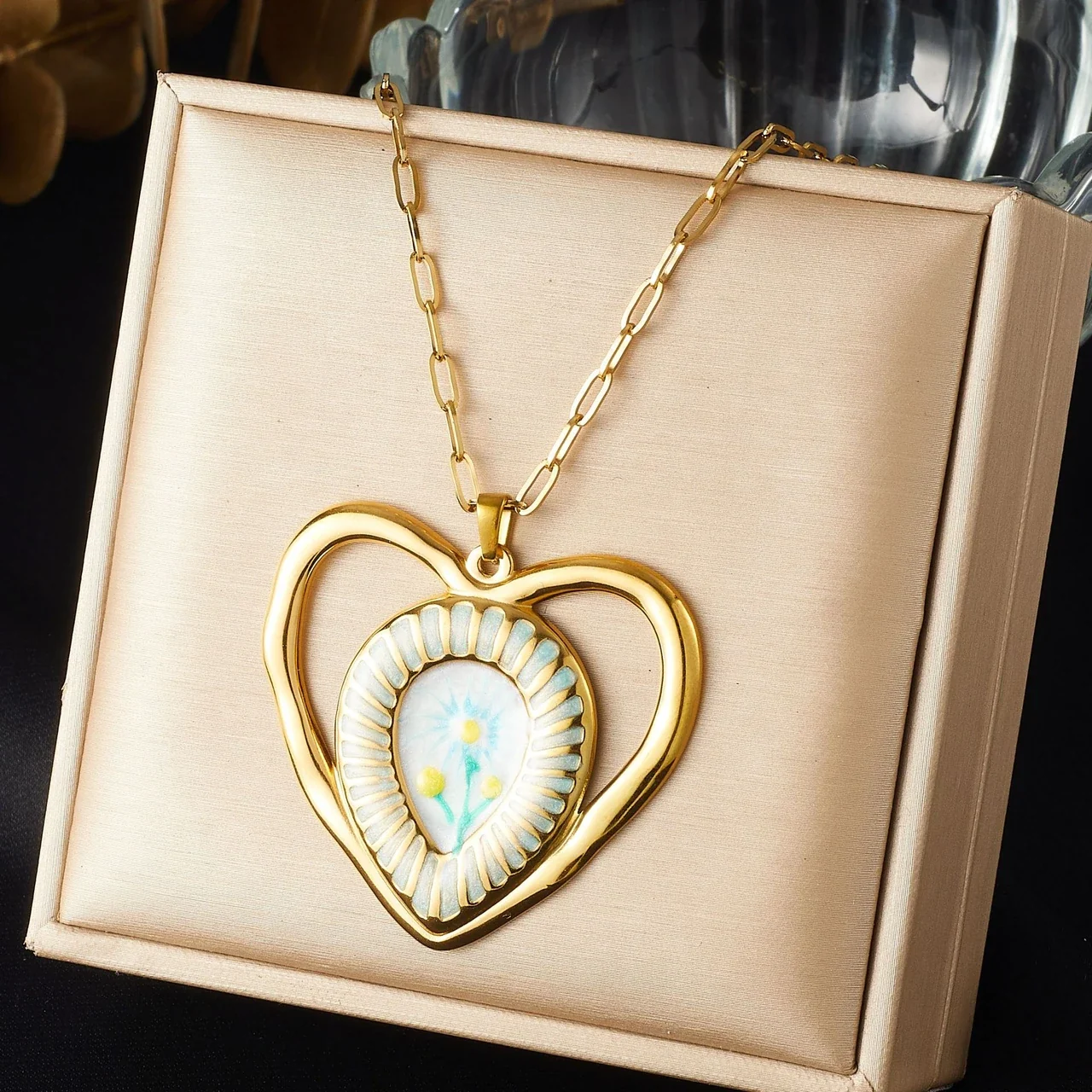Heart Pendant Necklace with Daisy Insert, Gold-Plated Stainless Steel