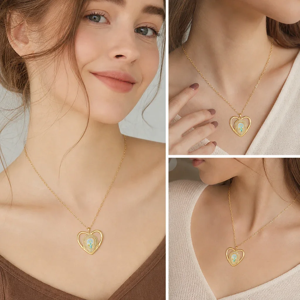 Heart Pendant Necklace with Daisy Insert, Gold-Plated Stainless Steel