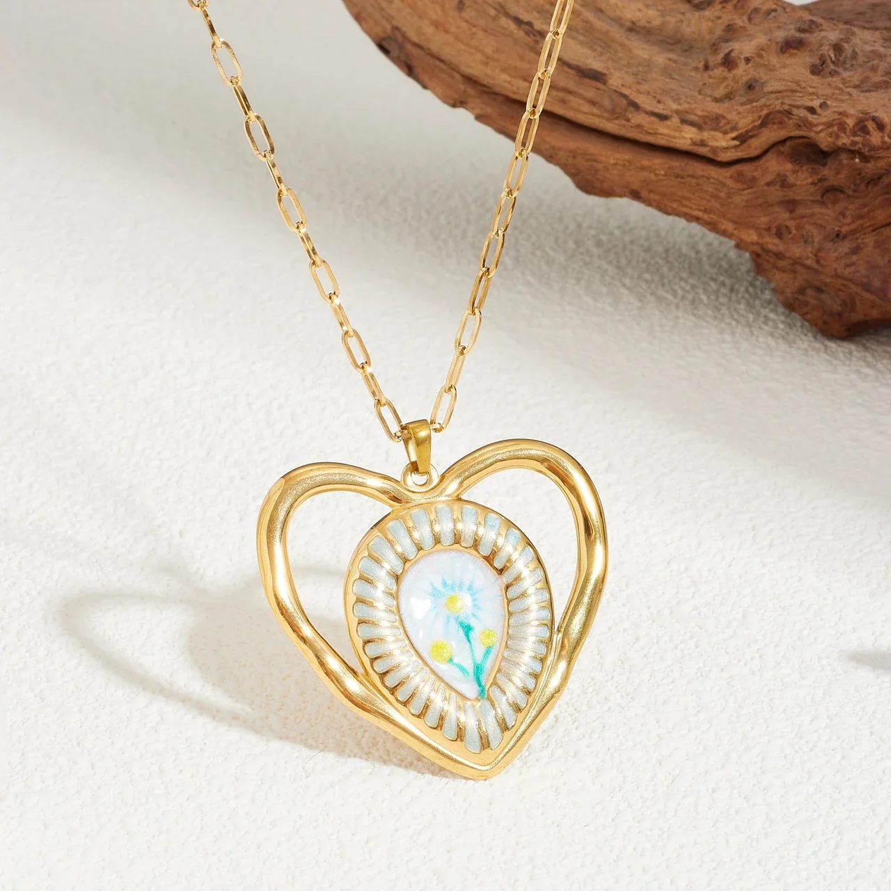 Heart Pendant Necklace with Daisy Insert, Gold-Plated Stainless Steel