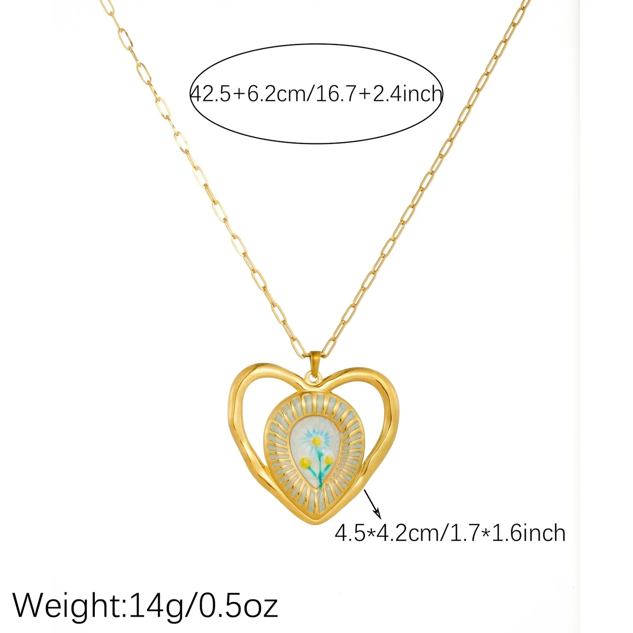 Heart Pendant Necklace with Daisy Insert, Gold-Plated Stainless Steel