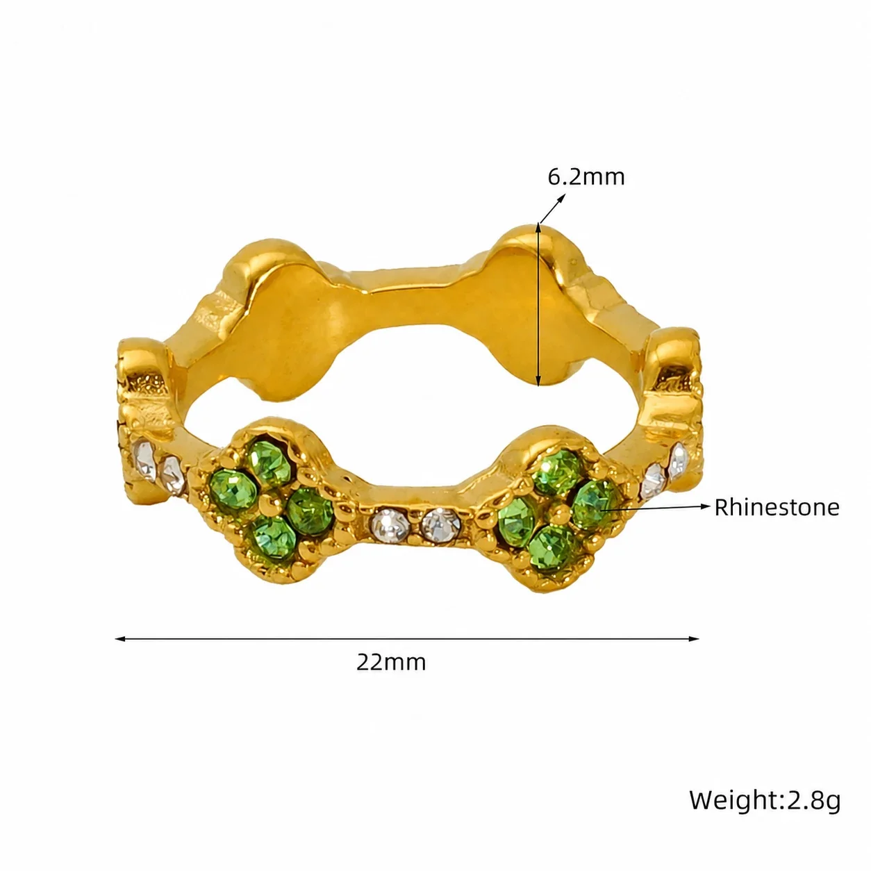 Ornate 18K Gold-Plated Scalloped Clover CZ Ring - Gold Green CZ