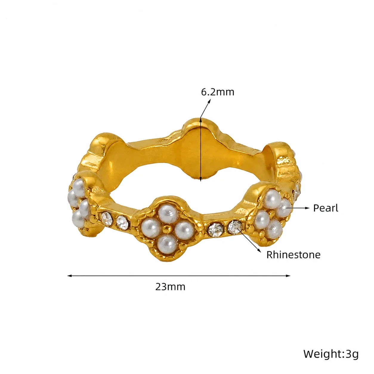 Ornate 18K Gold-Plated Scalloped Clover CZ Ring - Gold Pearl