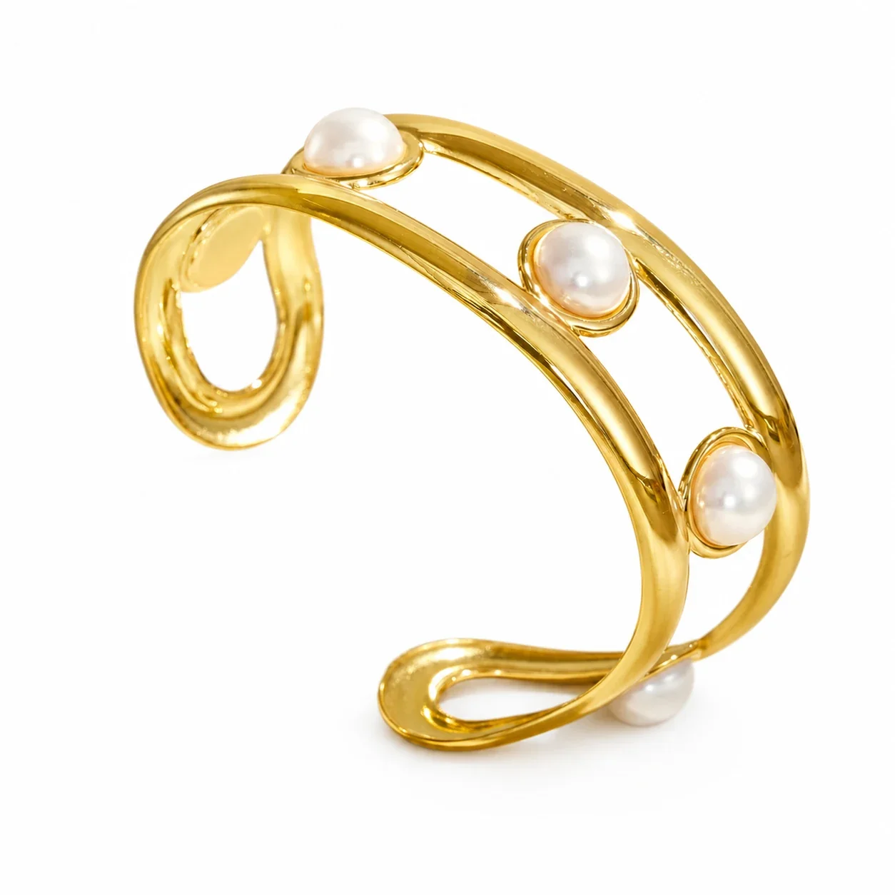 Open-Front 18K Gold PVD 316 Stainless Steel Pearl-Effect Cuff