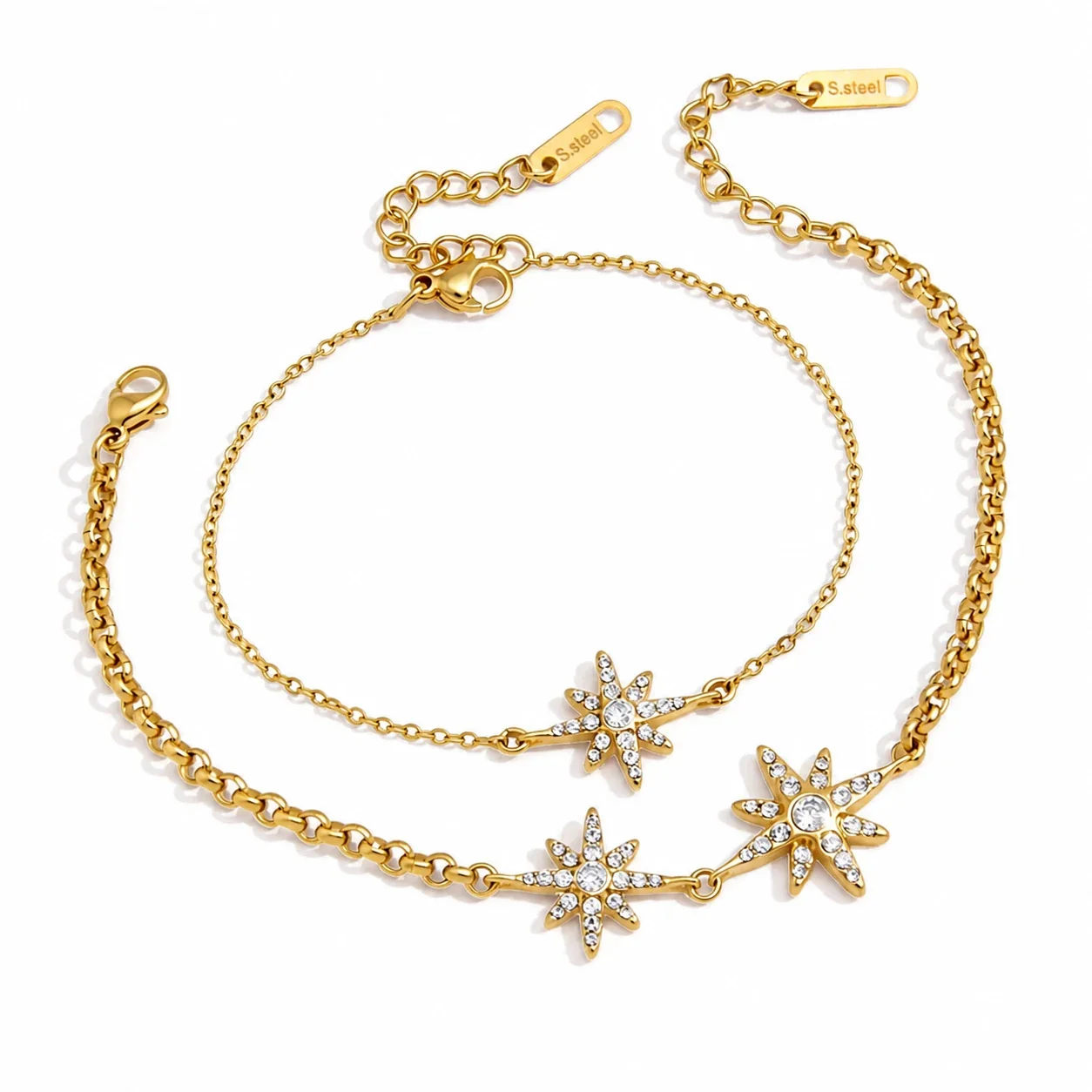 Radiant Gold-Plated 316L Steel Starburst Crystal Bracelet