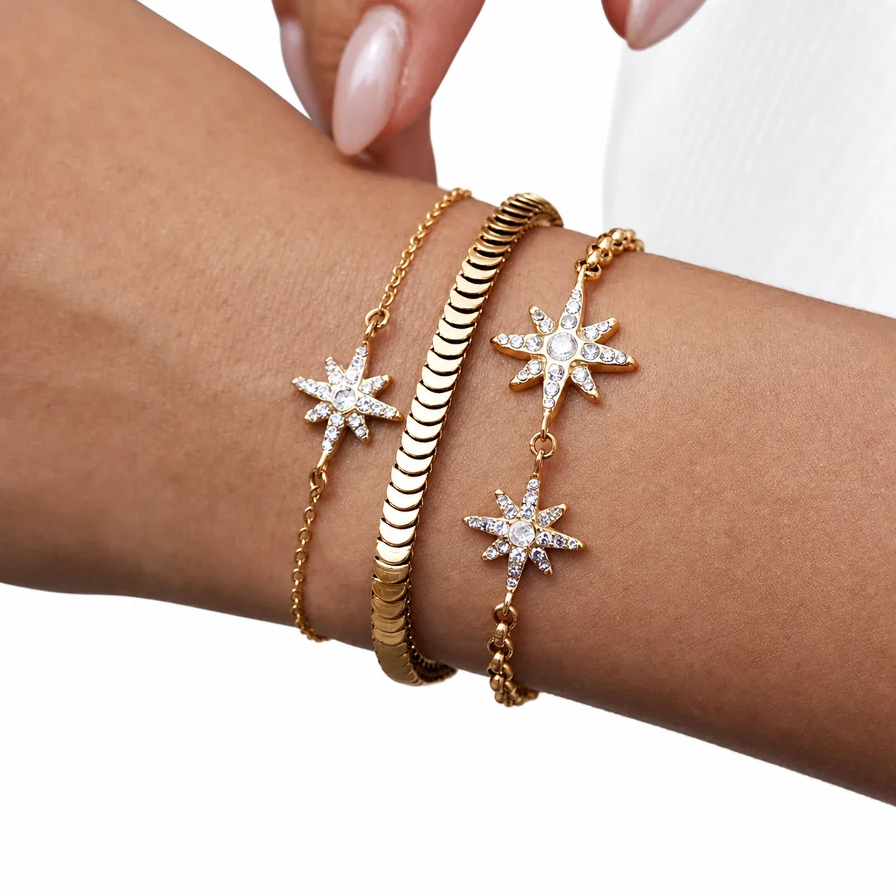 Radiant Gold-Plated 316L Steel Starburst Crystal Bracelet