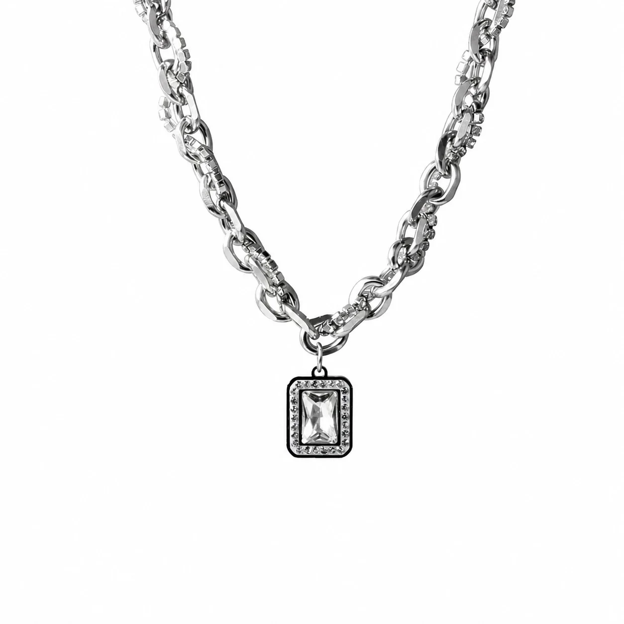 Bold Silver-Plated Cuban Link Baguette Pendant Necklace - Full Crystal Wrap