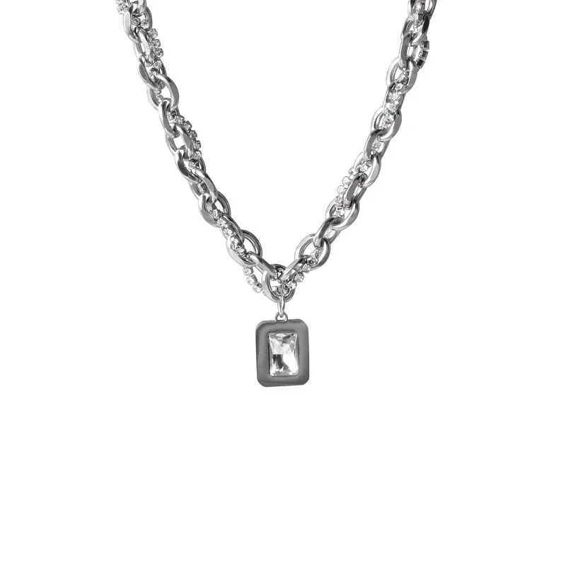 Bold Silver-Plated Cuban Link Baguette Pendant Necklace - Large Crystal Wrap