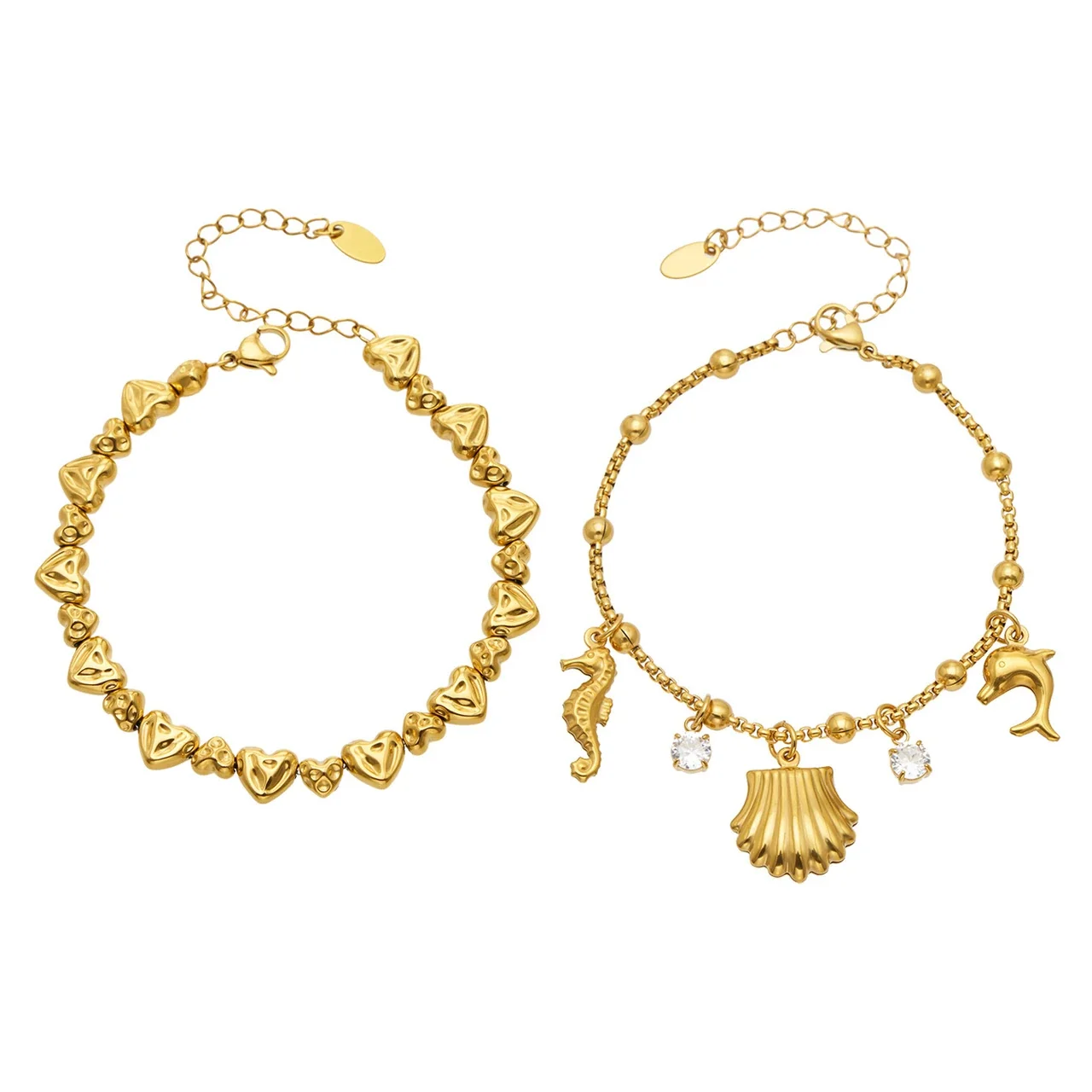 Bracelet Heart Beads & Ocean Charms Stainless Steel Gold PVD