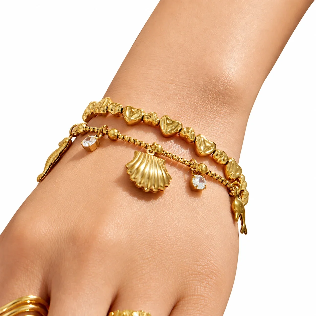 Bracelet Heart Beads & Ocean Charms Stainless Steel Gold PVD