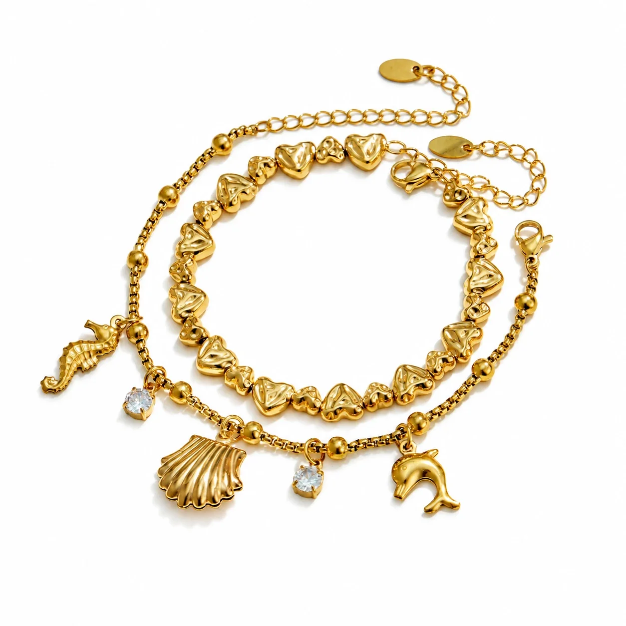 Bracelet Heart Beads & Ocean Charms Stainless Steel Gold PVD