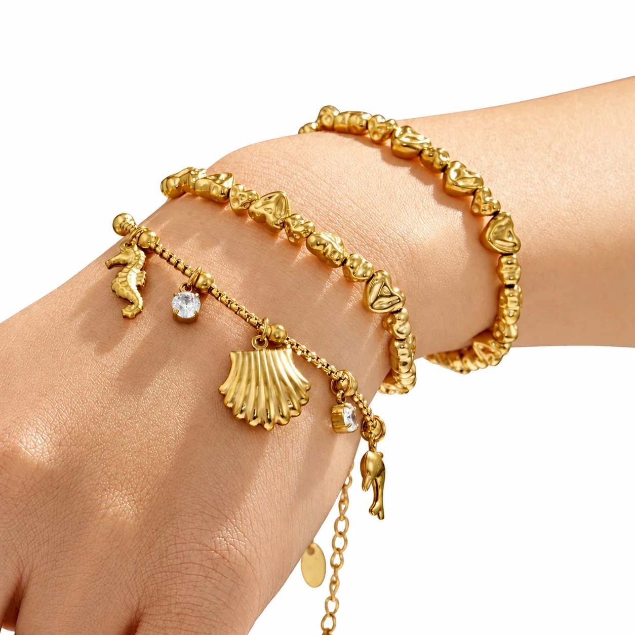 Bracelet Heart Beads & Ocean Charms Stainless Steel Gold PVD