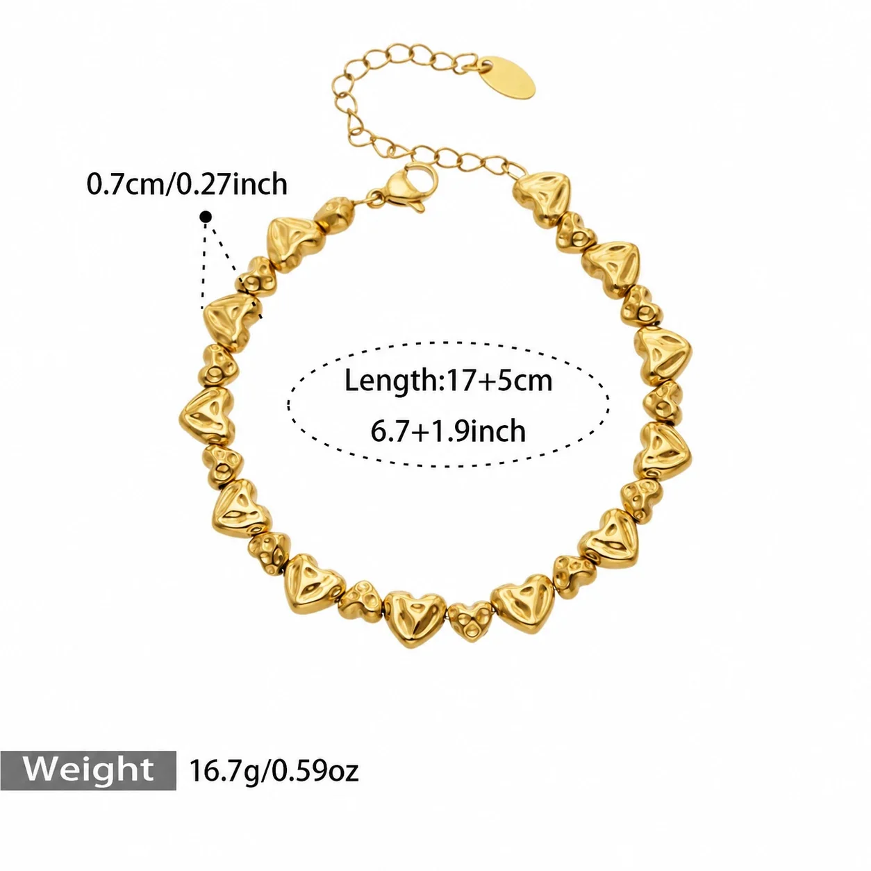 Bracelet Heart Beads & Ocean Charms Stainless Steel Gold PVD - Gold Hammered Heart