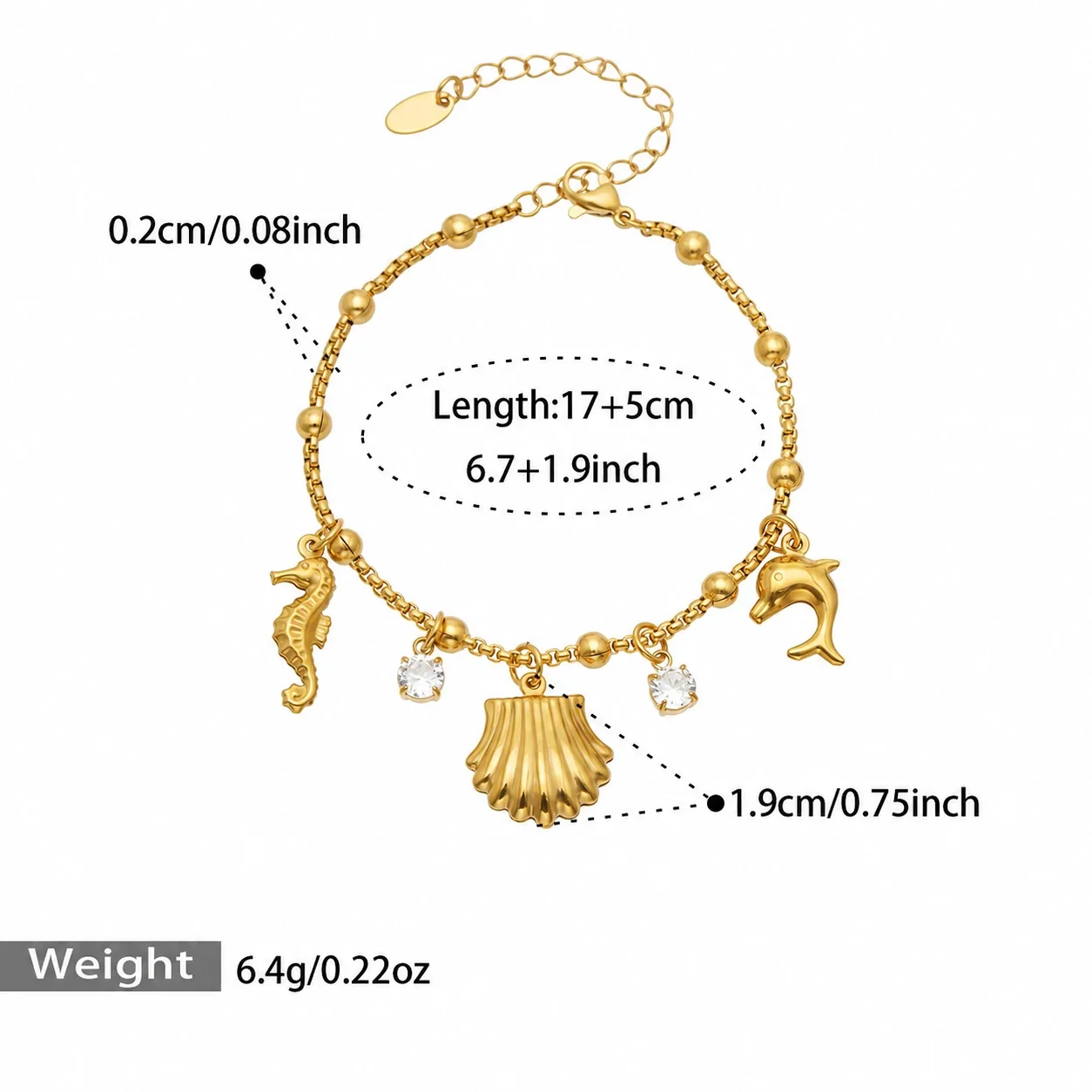 Bracelet Heart Beads & Ocean Charms Stainless Steel Gold PVD - Gold Ocean Creature Cubic Zirconia
