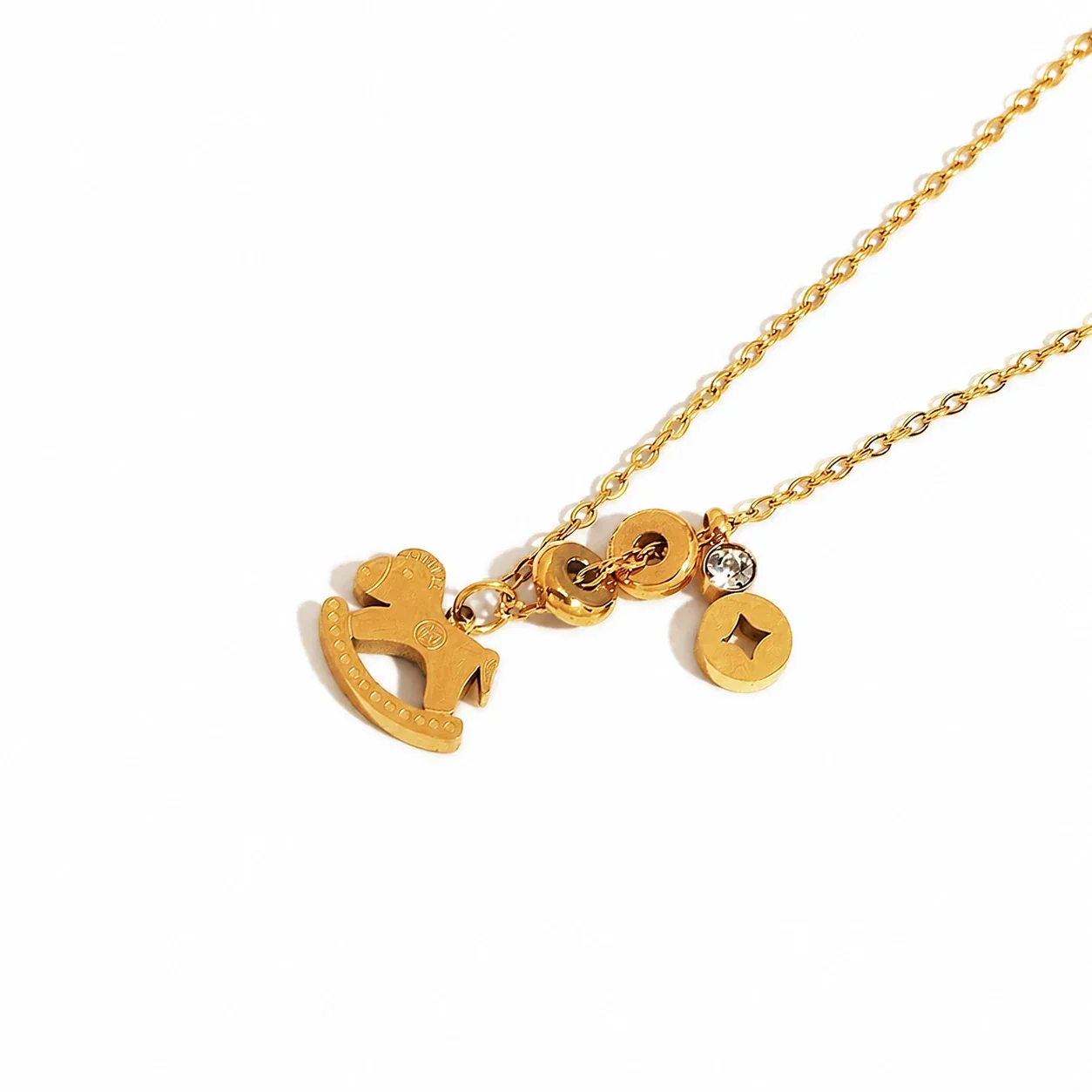 Playful Gold-Plated Rocking Horse Coin Charm Necklace