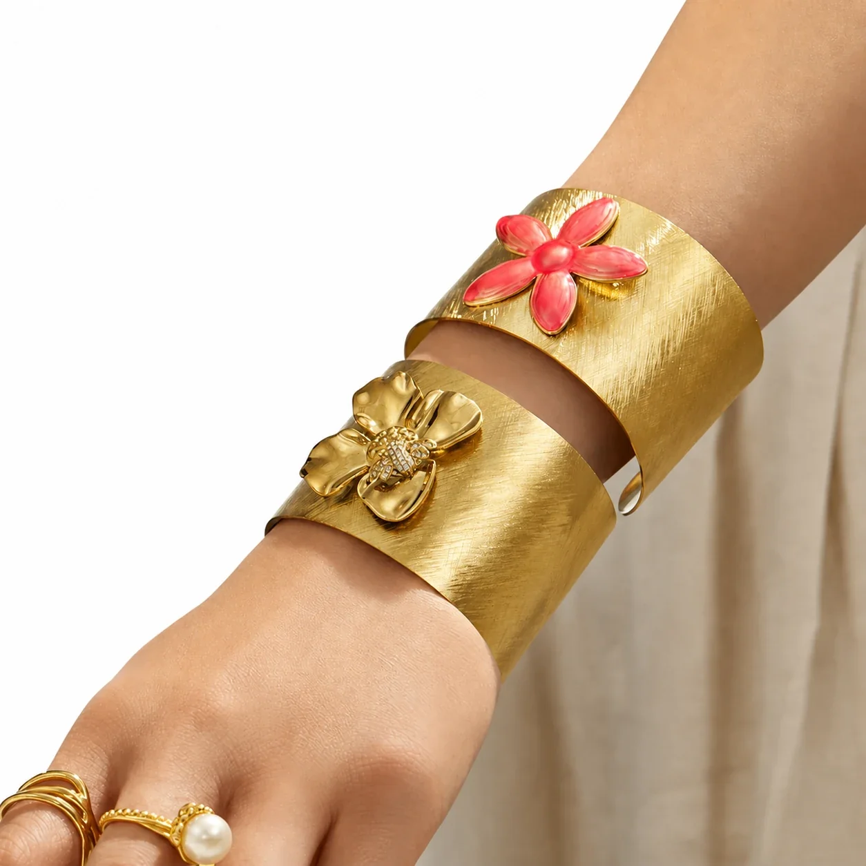 Brushed Floral 18K Gold-Plated 316 Cuff Bracelet