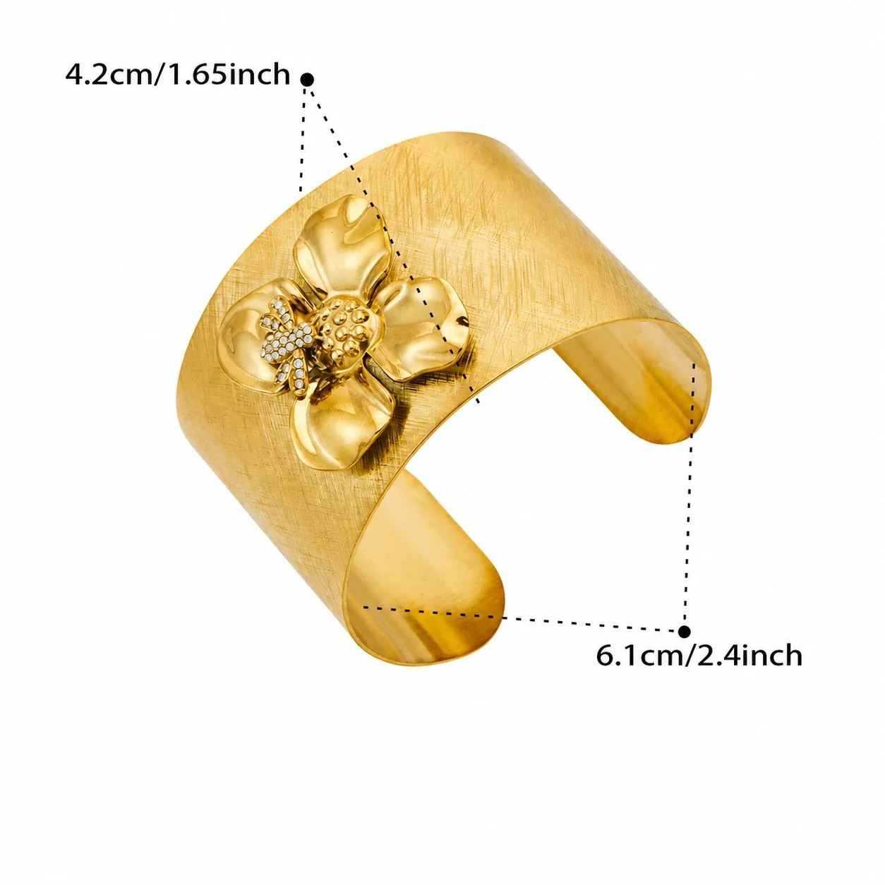 Brushed Floral 18K Gold-Plated 316 Cuff Bracelet - Gold Bee CZ Flower