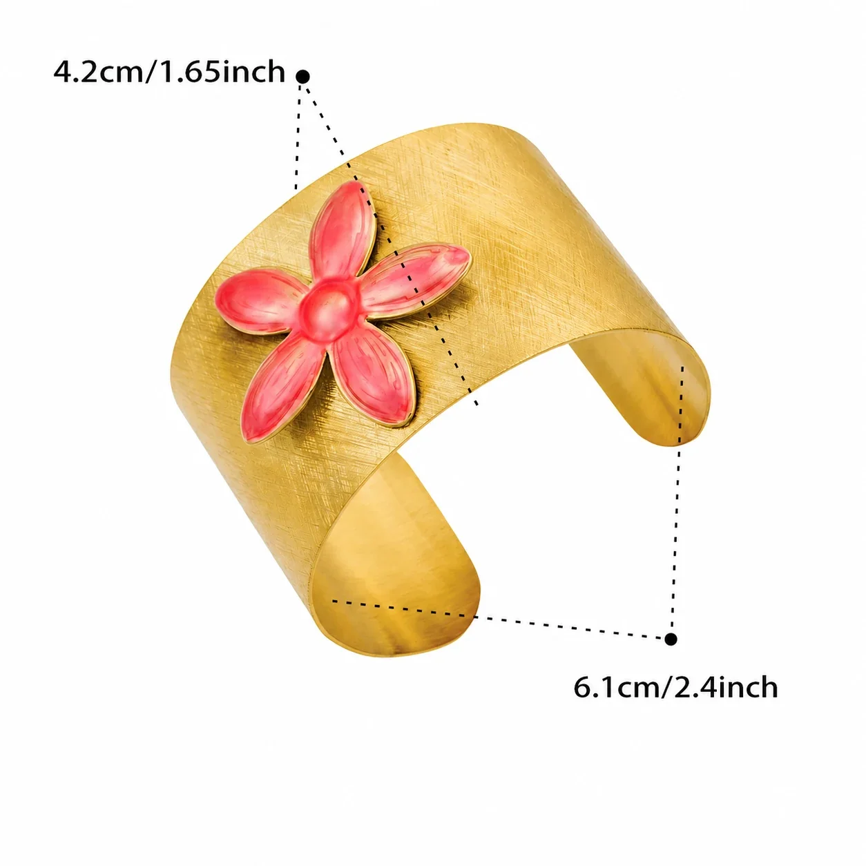 Brushed Floral 18K Gold-Plated 316 Cuff Bracelet - Gold Pink Enamel Flower