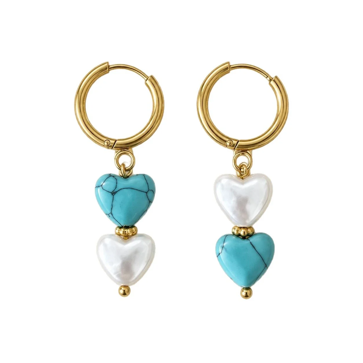 Stainless Steel Hoop Earrings with Turquoise and Pearl Hearts
