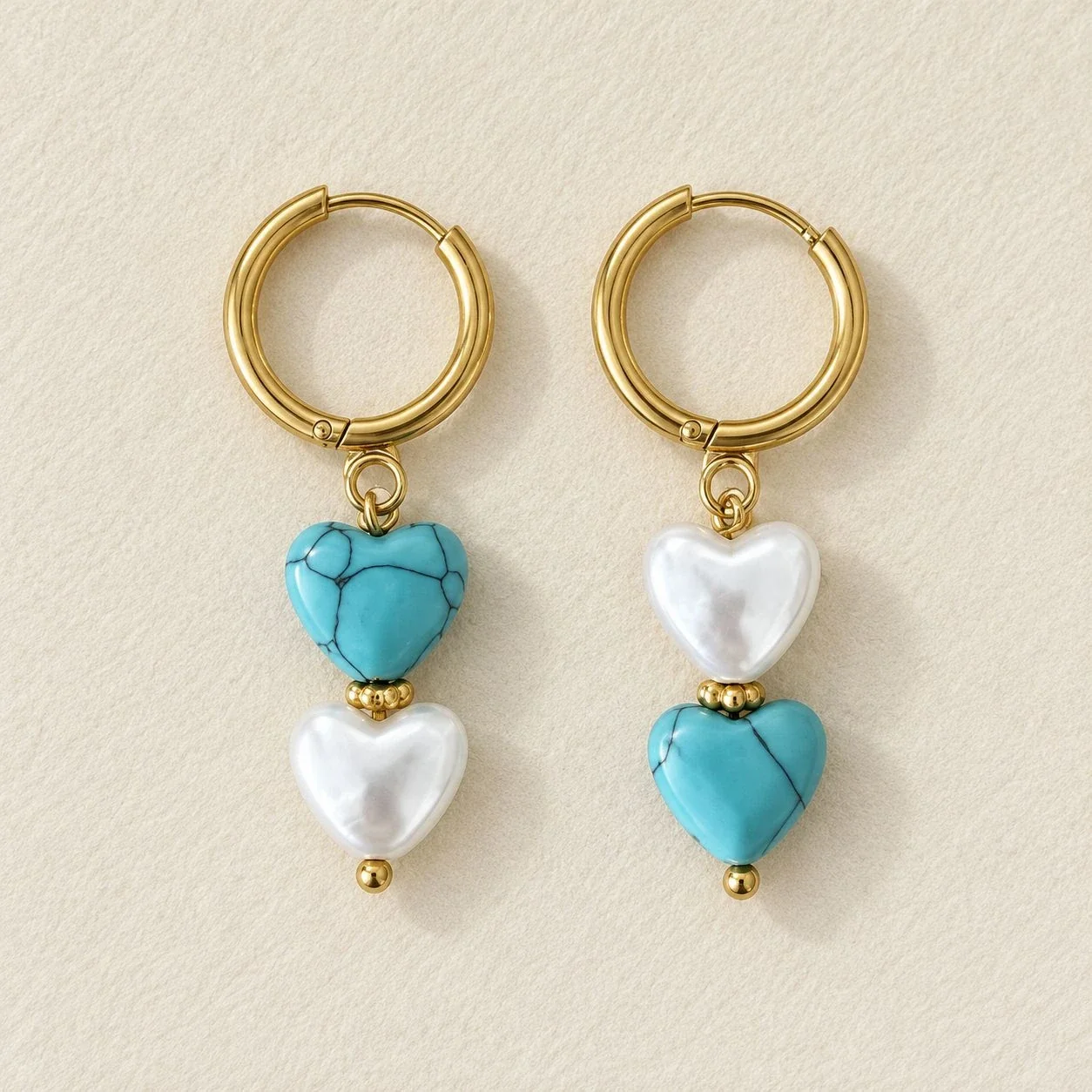 Stainless Steel Hoop Earrings with Turquoise and Pearl Hearts