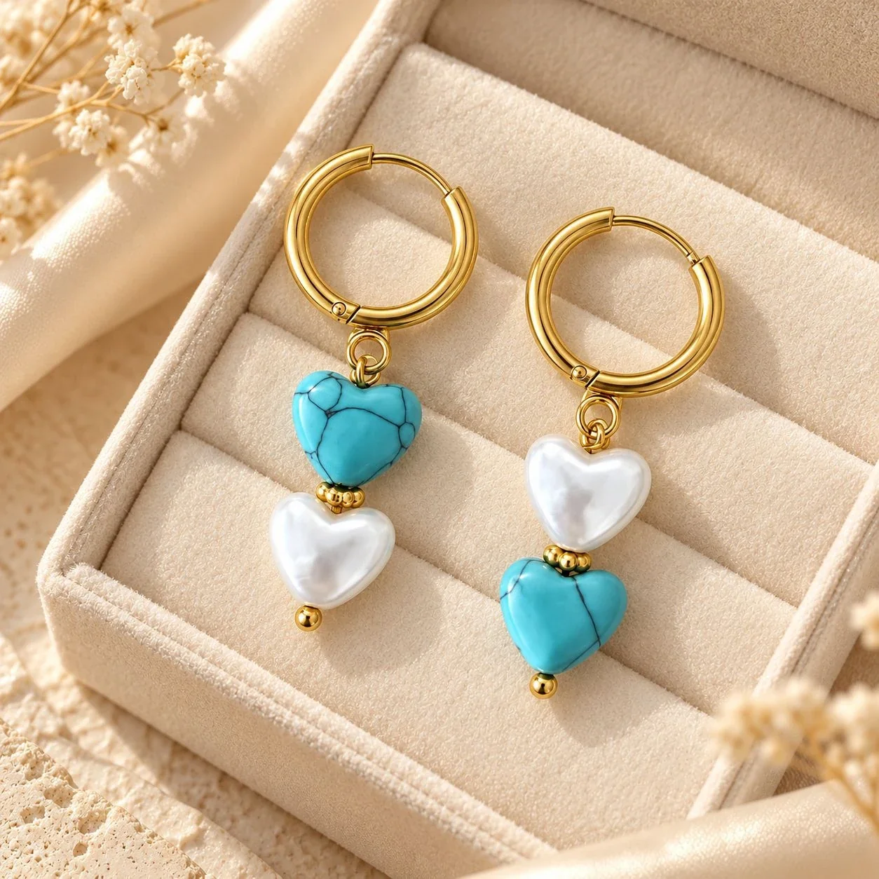 Stainless Steel Hoop Earrings with Turquoise and Pearl Hearts