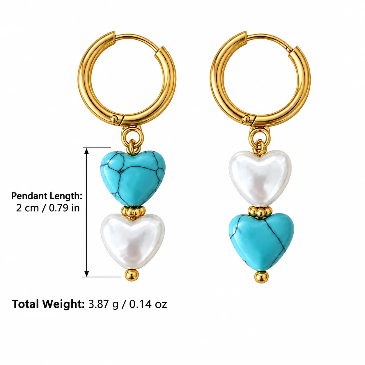 Stainless Steel Hoop Earrings with Turquoise and Pearl Hearts