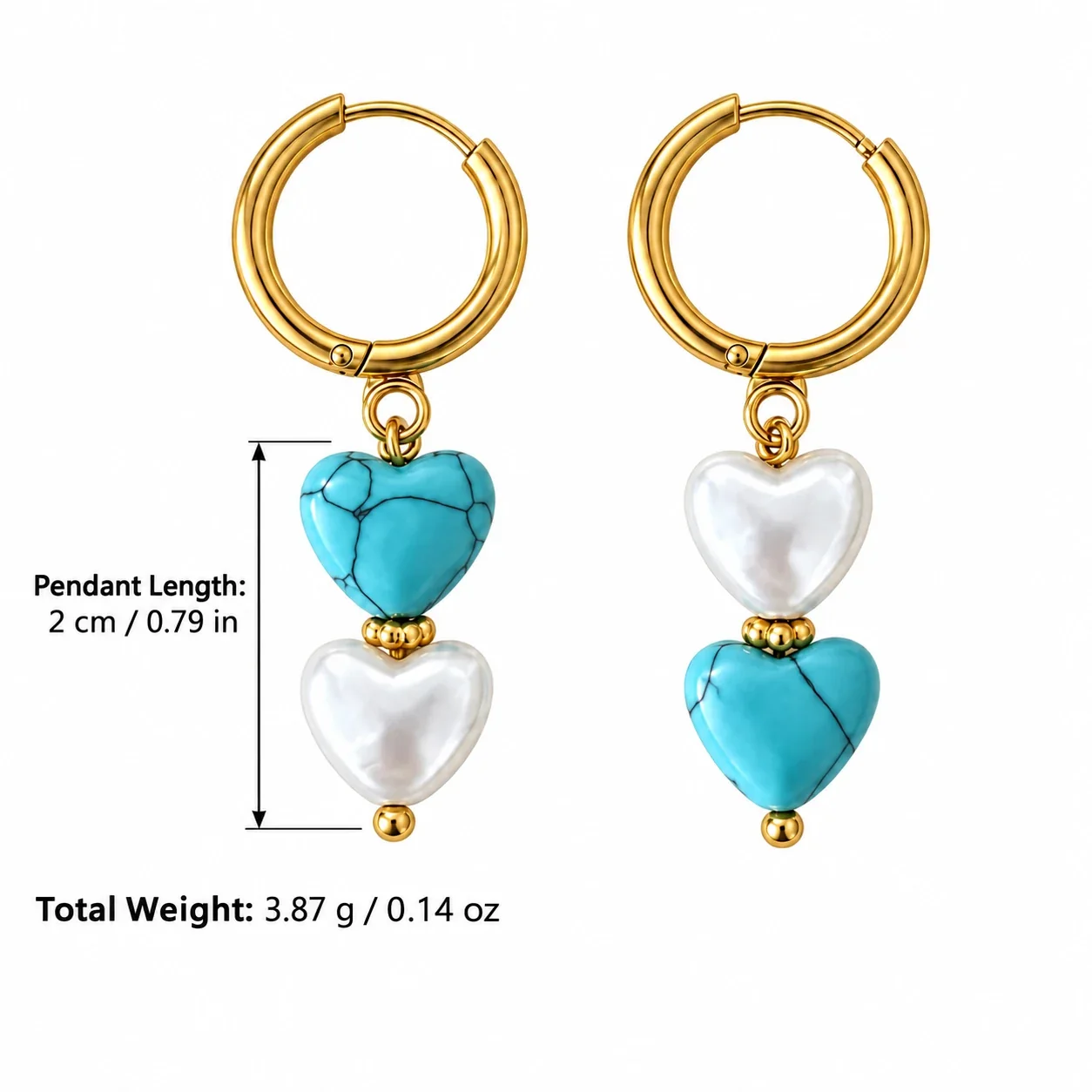 Stainless Steel Hoop Earrings with Turquoise and Pearl Hearts - Turquoise Heart