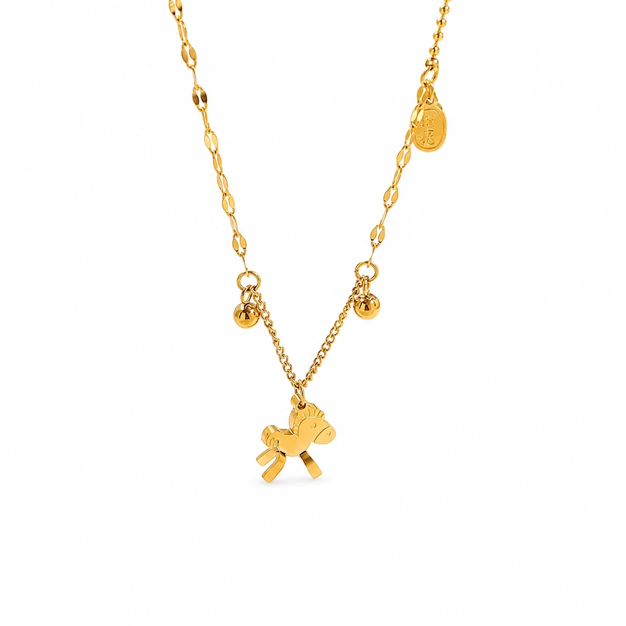 Playful Gold-Plated Horse Charm Bead Chain Necklace
