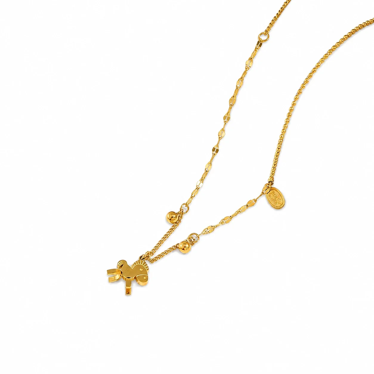 Playful Gold-Plated Horse Charm Bead Chain Necklace