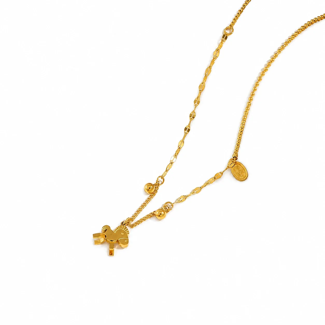 Playful Gold-Plated Horse Charm Bead Chain Necklace - Gold