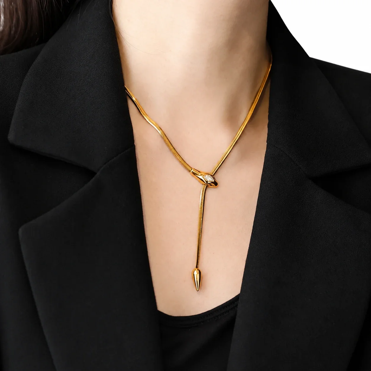 Slangen-lariatketting met marquise-CZ, verguld roestvrij staal productfoto