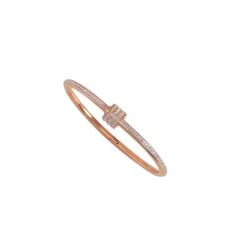 Crystal-Set Slim Bangle Bracelet in Rose Gold-Plated Stainless Steel