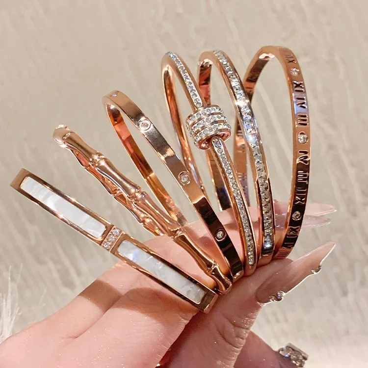 Crystal-Set Slim Bangle Bracelet in Rose Gold-Plated Stainless Steel