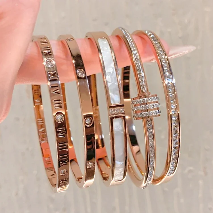 Crystal-Set Slim Bangle Bracelet in Rose Gold-Plated Stainless Steel