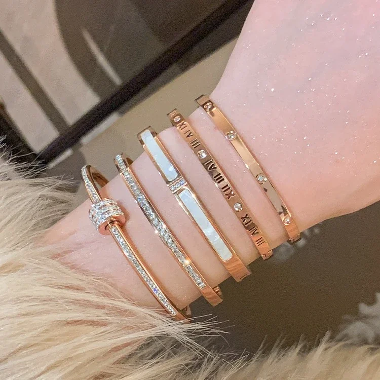 Crystal-Set Slim Bangle Bracelet in Rose Gold-Plated Stainless Steel