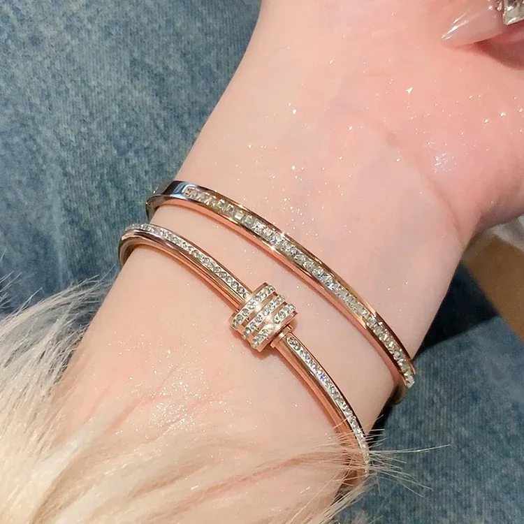Crystal-Set Slim Bangle Bracelet in Rose Gold-Plated Stainless Steel