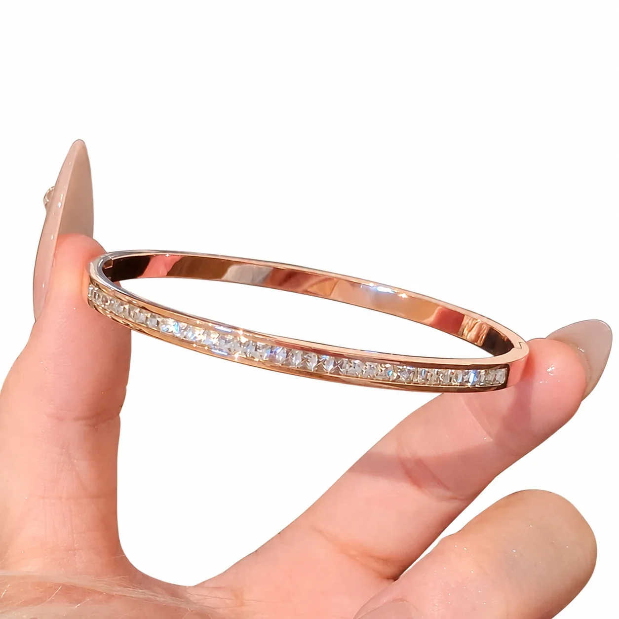 Crystal-Set Slim Bangle Bracelet in Rose Gold-Plated Stainless Steel - Starry Sky Rose Gold