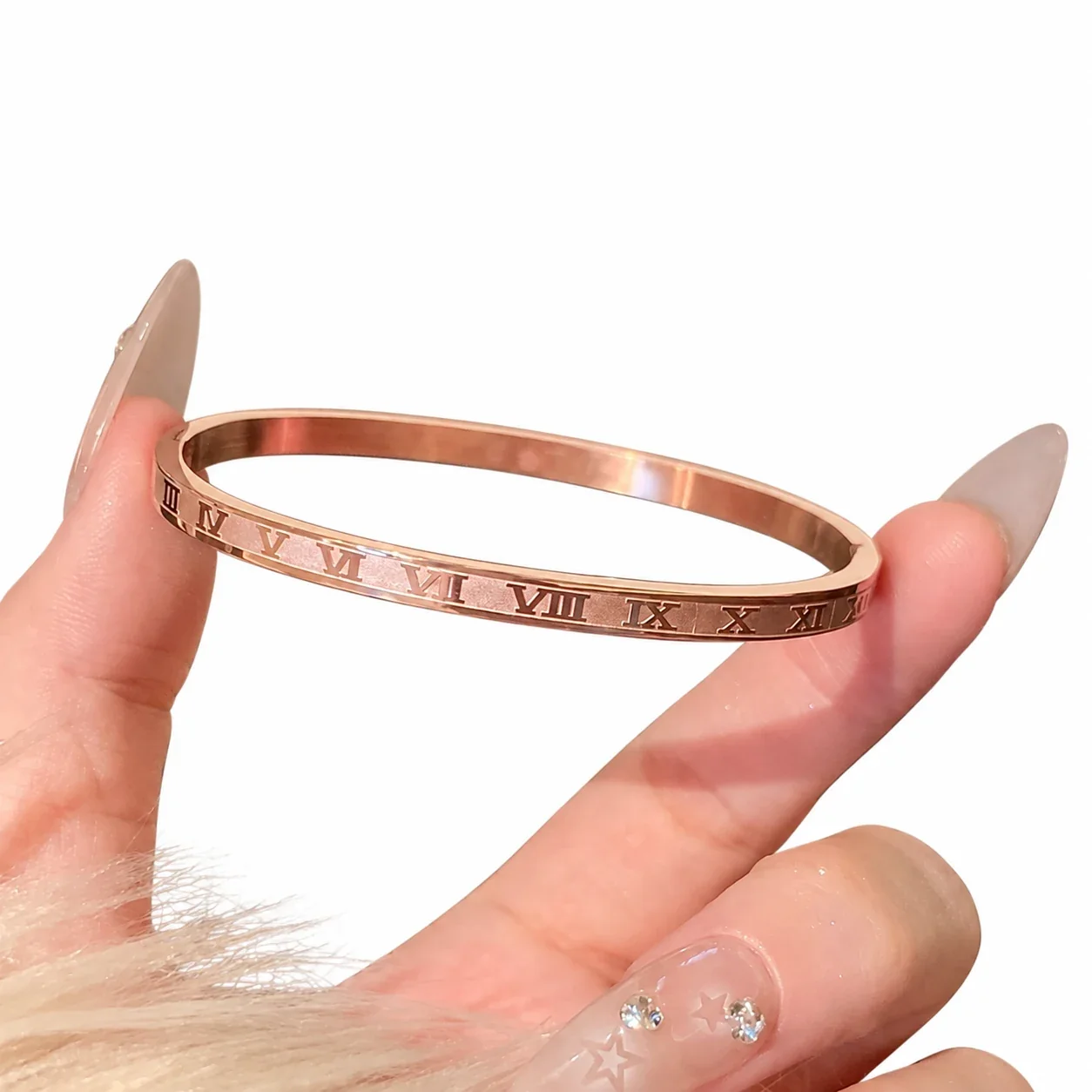 Crystal-Set Slim Bangle Bracelet in Rose Gold-Plated Stainless Steel - Roman Rose Gold