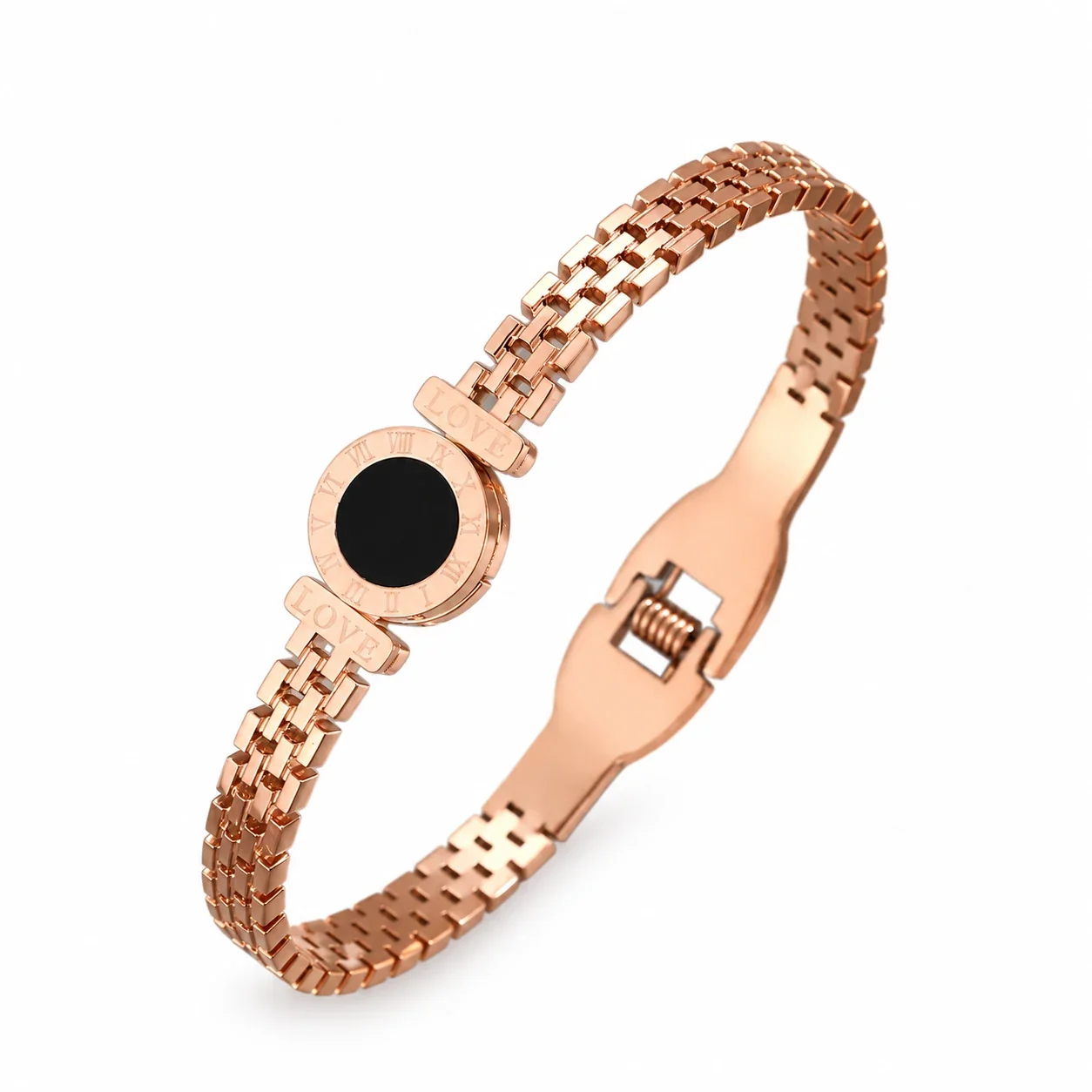 Crystal-Set Slim Bangle Bracelet in Rose Gold-Plated Stainless Steel - Black-Face Strap Rose Gold