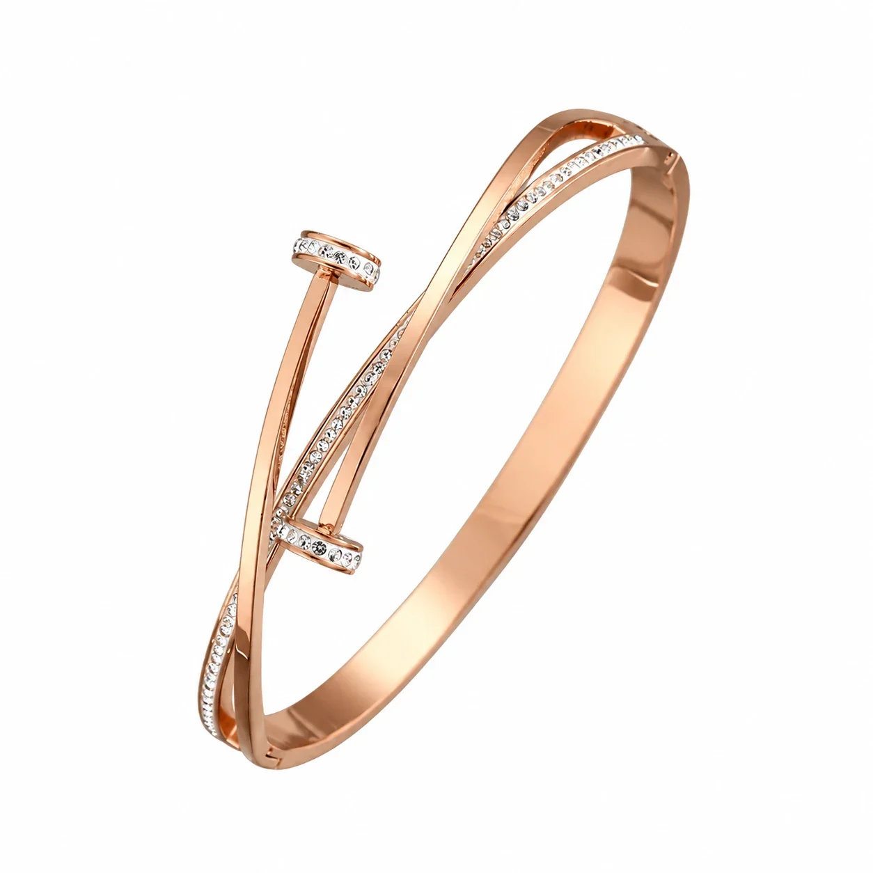 Crystal-Set Slim Bangle Bracelet in Rose Gold-Plated Stainless Steel - Cross Rose Gold