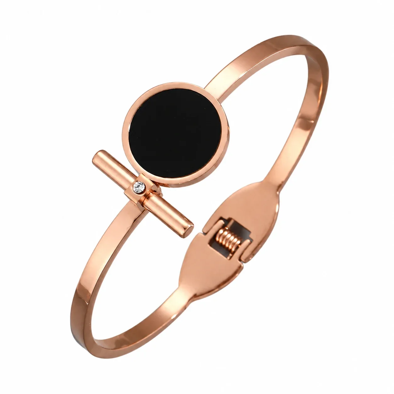 Crystal-Set Slim Bangle Bracelet in Rose Gold-Plated Stainless Steel - Black-Face Round Disc Rose Gold