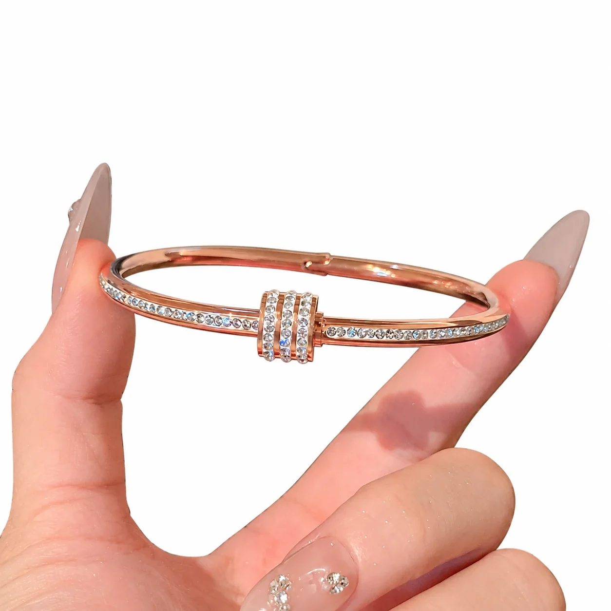 Crystal-Set Slim Bangle Bracelet in Rose Gold-Plated Stainless Steel - Narrow-Waist Rose Gold