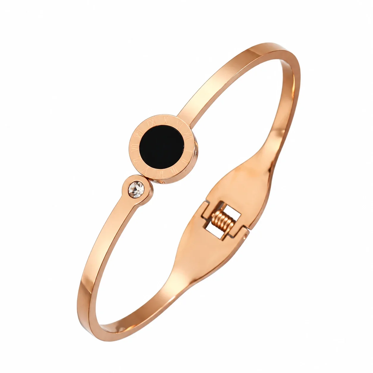 Crystal-Set Slim Bangle Bracelet in Rose Gold-Plated Stainless Steel - Black-Face Roman Rose Gold